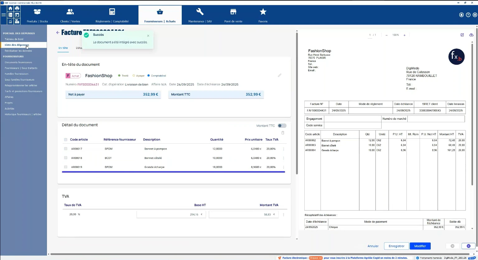 EBP Gestion Commerciale traitement de facture reçue 2