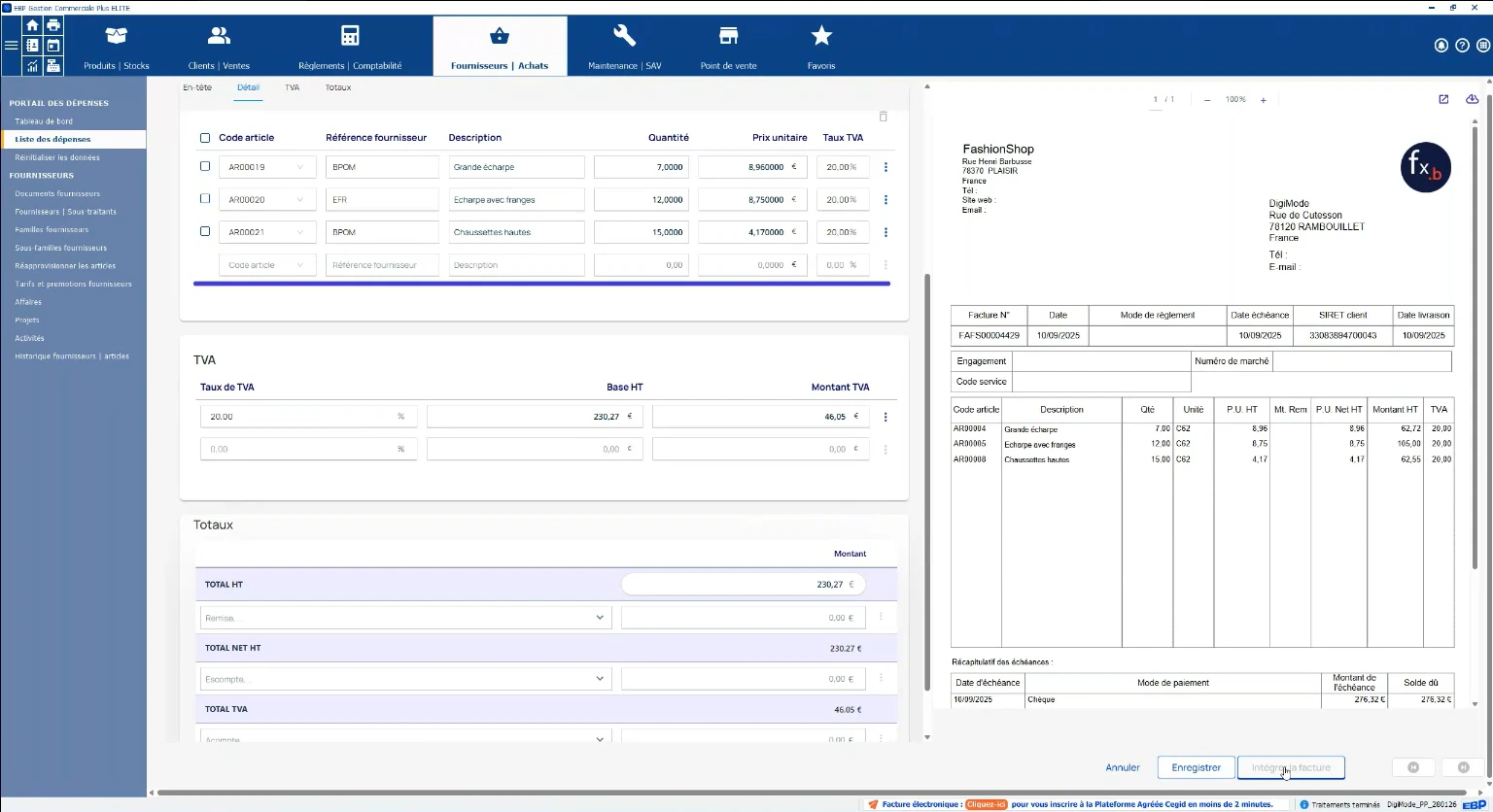 EBP Gestion Commerciale traitement de facture reçue