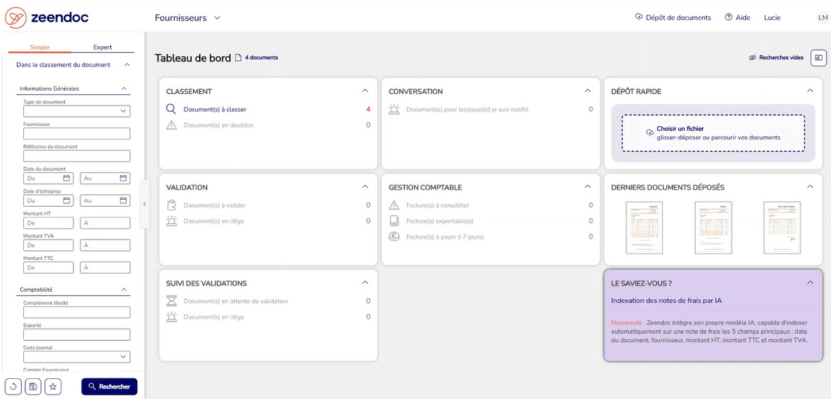 Tableau de bord Zeendoc – gestion électronique des documents Capture d’écran du tableau de bord Zeendoc pour la gestion électronique des documents et l’automatisation administrative