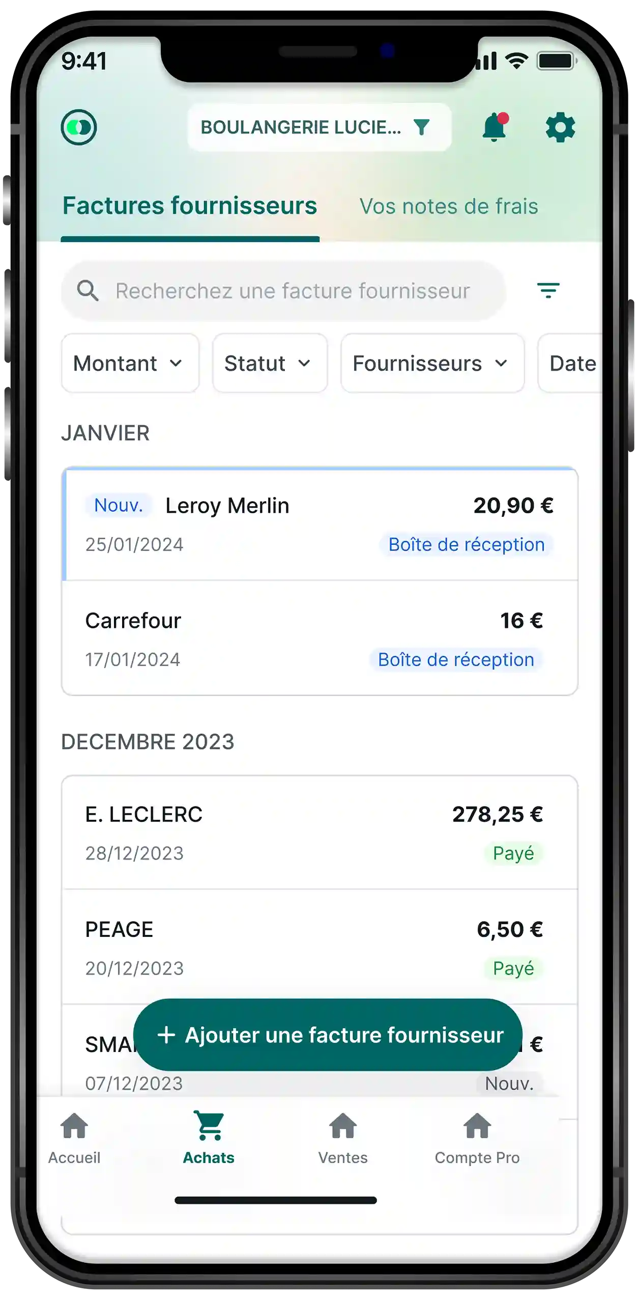 Application Pennylane – Gestion des factures fournisseurs Capture d'écran de l'application mobile Pennylane affichant le suivi et la gestion des factures fournisseurs.