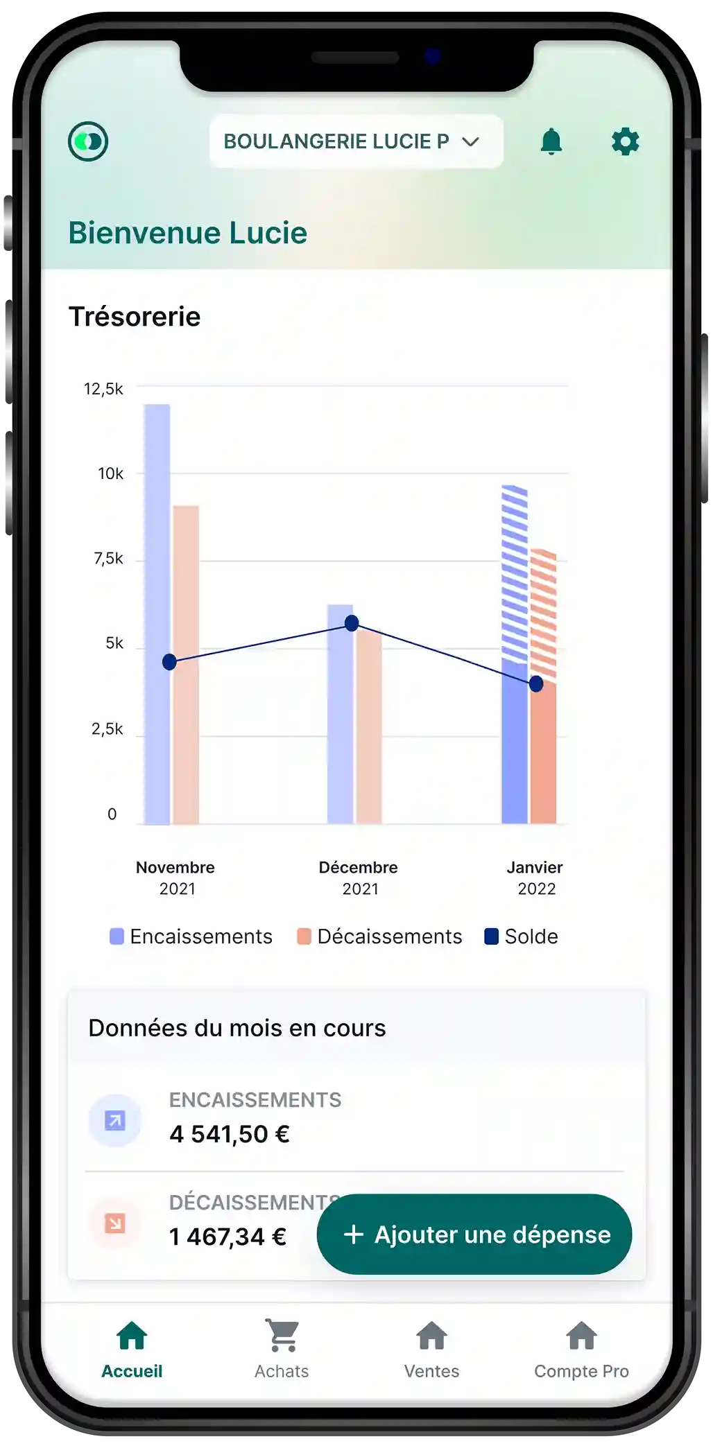 Application Pennylane – Suivi de trésorerie en temps réel Interface mobile Pennylane affichant le tableau de bord de trésorerie et les indicateurs financiers d'une entreprise.