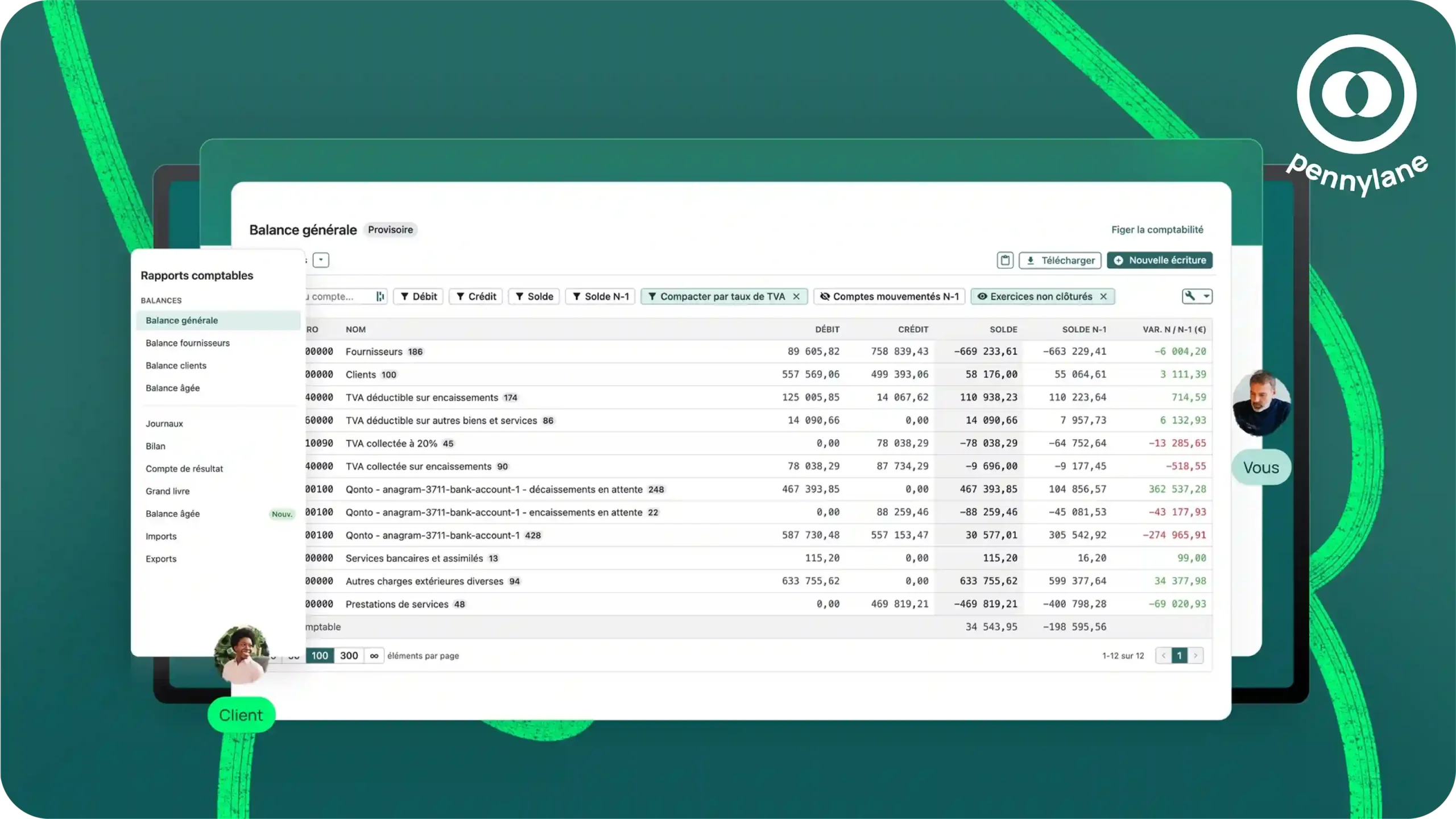 Tableau de bord Pennylane – Balance comptable d'une PME Capture d'écran d'un tableau de bord Pennylane présentant la balance comptable et les indicateurs financiers d'une entreprise.