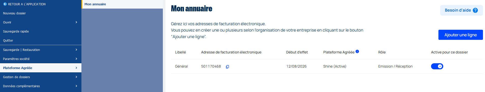 EBP-OL-Plus-PA-Activee EBP Open Line : Menu Plateforme Agrée dans Mes Paramètres - Inscription validée