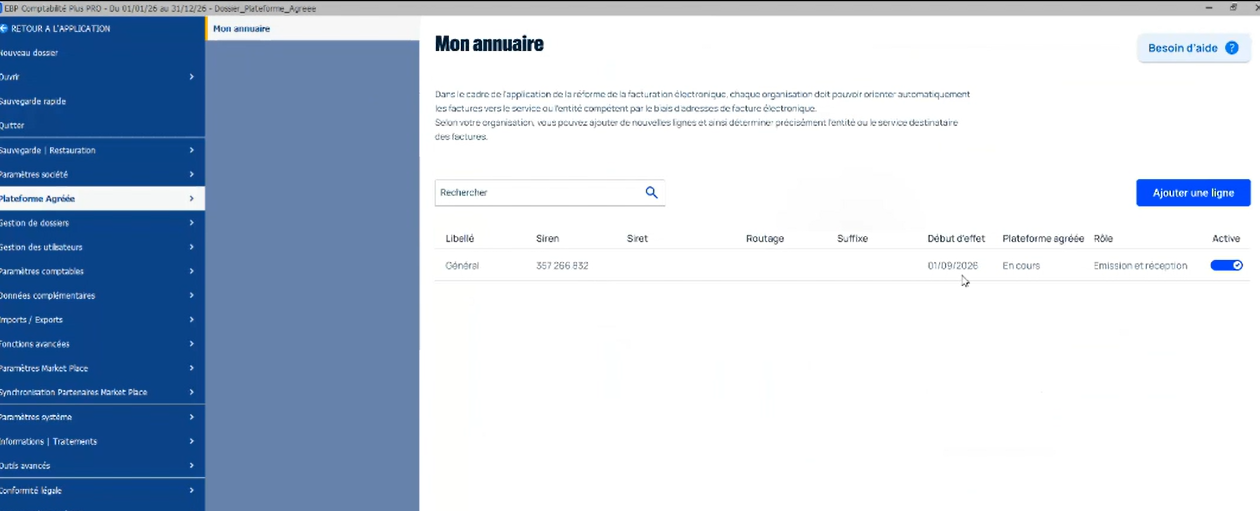 Parametres-EBP-InscriptionPA-EnCours EBP Open Line : Menu Plateforme Agrée dans Mes Paramètres